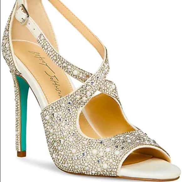 Betsey Johnson Blue Sage Rhinestone Jeweled Satin Peep Toe Izzy Sandals Sparkle - Picture 3 of 10